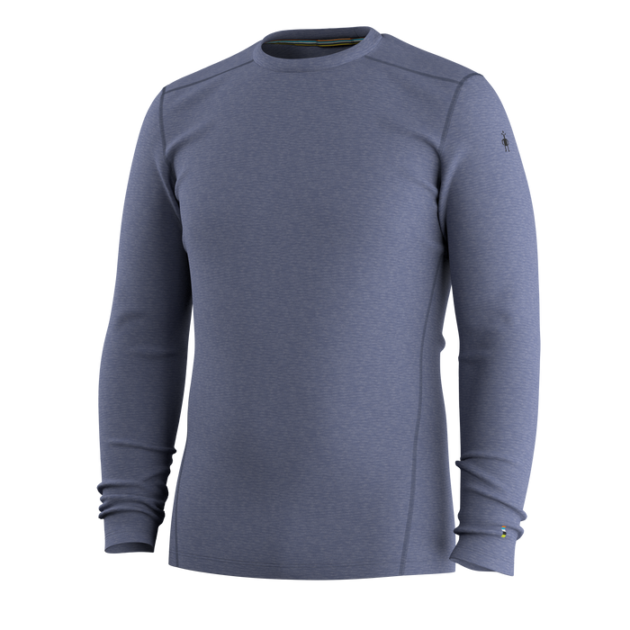 Men's long-sleeve merino wool base layer crew neck top, front view, heathered blue