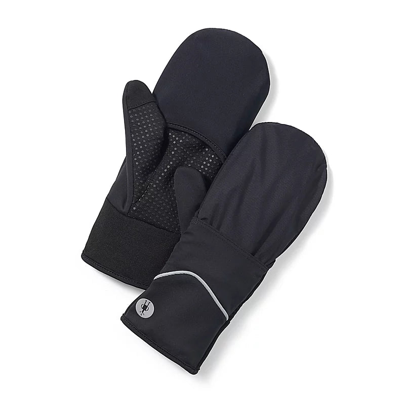 Pair of black wind-resistant mittens with grippy palm texture and reflective cuff detail