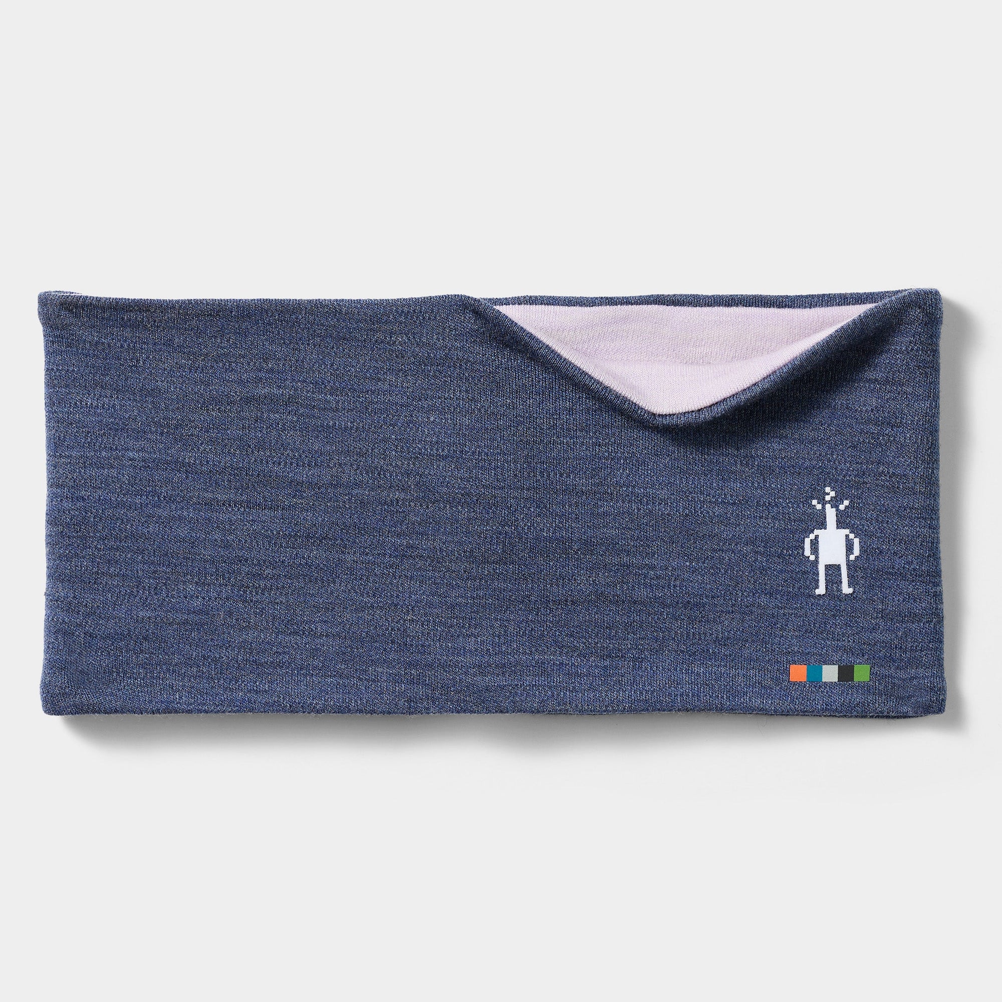 Reversible knit headband in blue heather with pink interior, flat lay showing robot logo