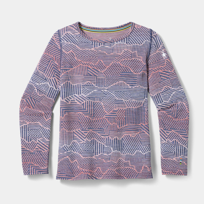 Kids' long-sleeve thermal crew shirt with geometric linear mountain peaks pattern in purple and pink