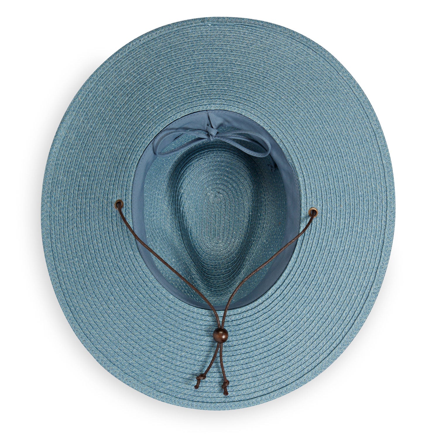 Wide brim straw sun hat in blue, top-down view showing chin cord with wooden bead