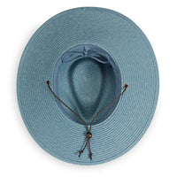 Wide brim straw sun hat in blue, top-down view showing chin cord with wooden bead