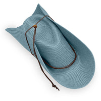 Wide brim woven sun hat with brown leather chin strap and wooden bead, top view