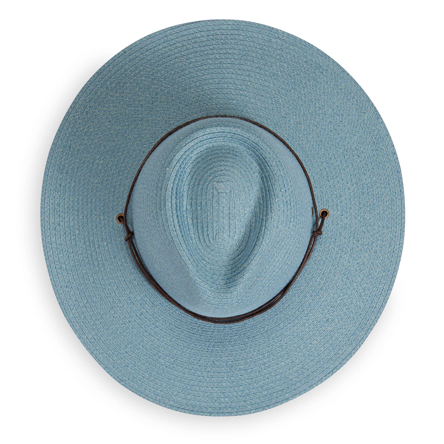 Wide brim straw sun hat in light blue, top-down view with brown leather chin cord