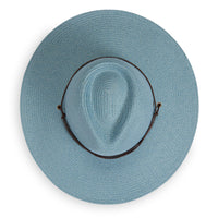 Wide brim straw sun hat in light blue, top-down view with brown leather chin cord