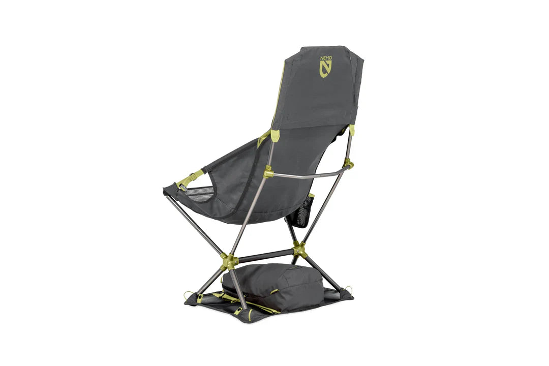 Folding reclining camp chair with high back, grey fabric, and lime green hardware, back view