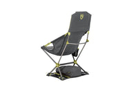 Folding reclining camp chair with high back, grey fabric, and lime green hardware, back view