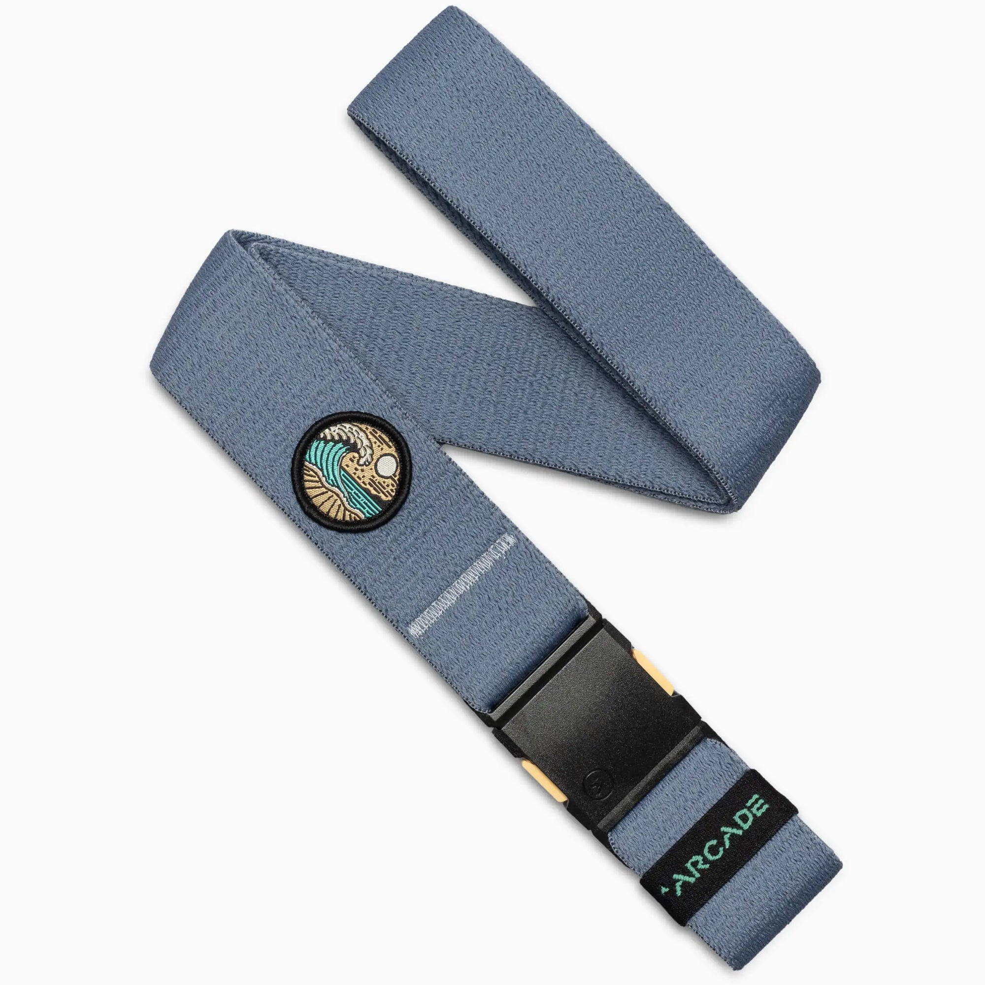 Blue-grey fabric belt with circular wave patch and black buckle, displayed unfolded on white background