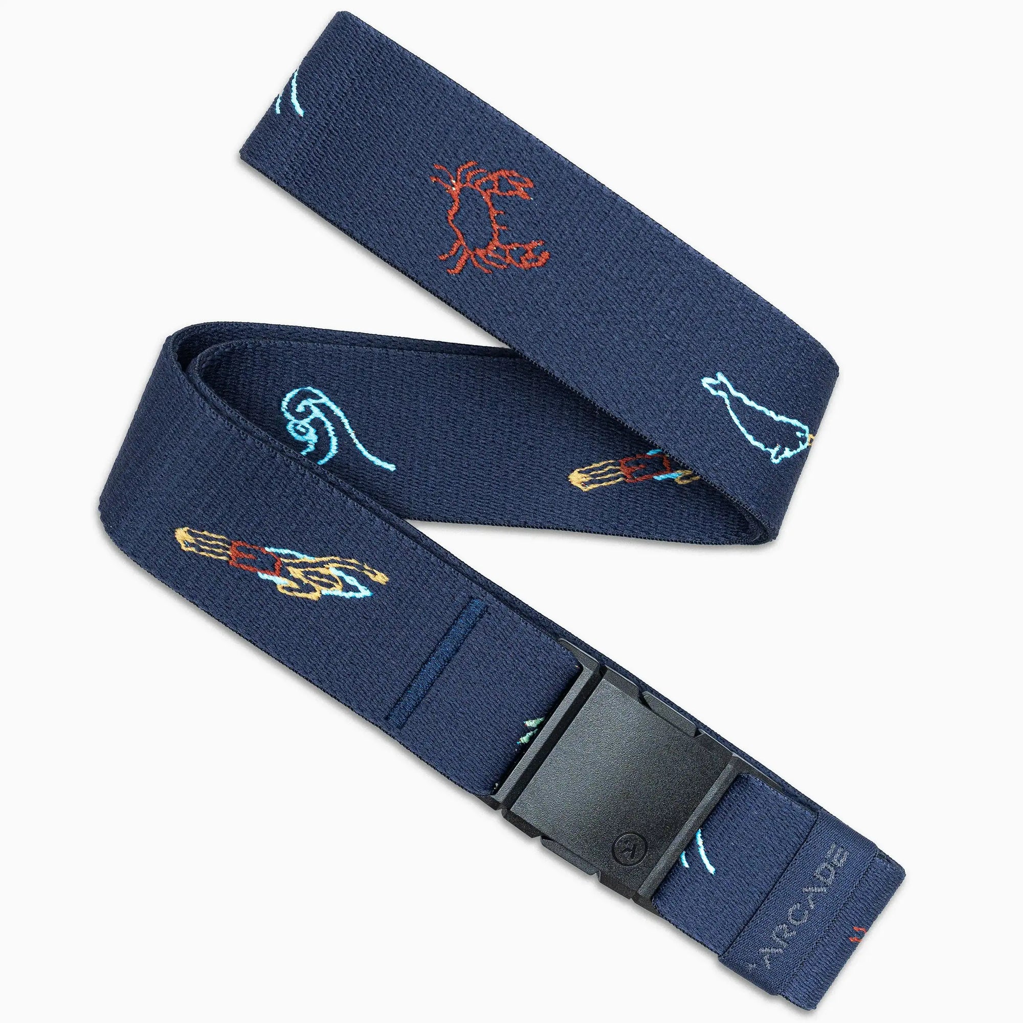 Navy blue fabric belt with colorful wave embroidery and black plastic buckle, displayed on white background