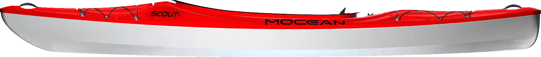 Red and white kayak shown from side profile with deck rigging and cockpit visible
