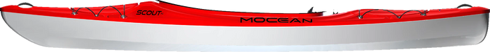 Red and white kayak shown from side profile with deck rigging and cockpit visible