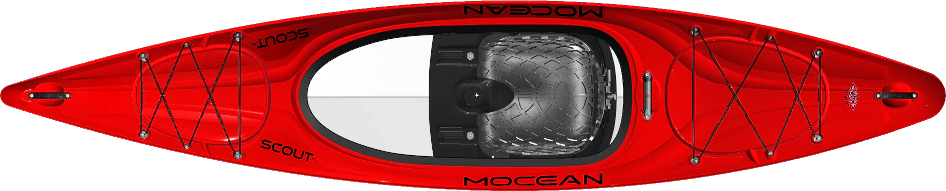 Red touring kayak with white cockpit area and black bungee deck rigging, top view