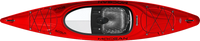 Red touring kayak with white cockpit area and black bungee deck rigging, top view