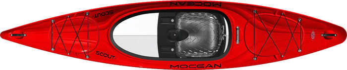 Red touring kayak with white cockpit area and black bungee deck rigging, top view