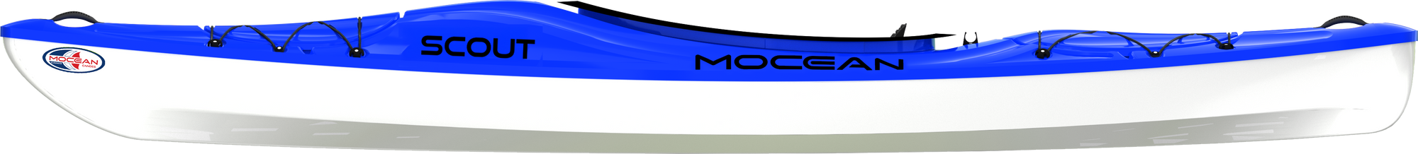 Sea kayak with blue deck and white hull shown from side profile view