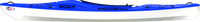 Sea kayak with blue deck and white hull shown from side profile view