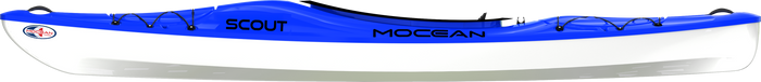 Sea kayak with blue deck and white hull shown from side profile view
