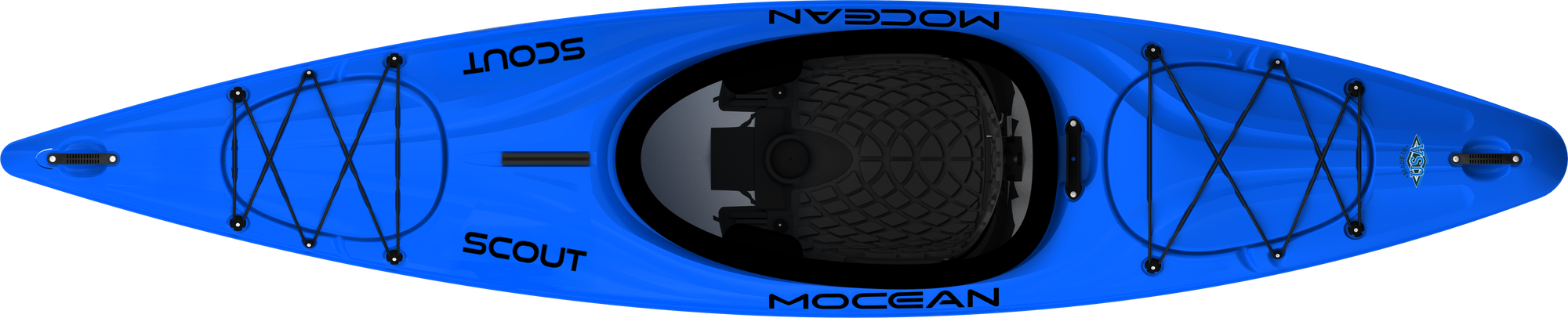 Blue kayak with black cockpit and bungee deck rigging, top-down view