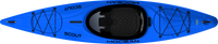 Blue kayak with black cockpit and bungee deck rigging, top-down view