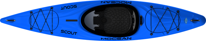 Blue kayak with black cockpit and bungee deck rigging, top-down view