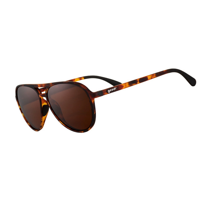 Tortoiseshell aviator-style sunglasses with brown lenses on white background