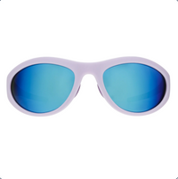 Aviator-style sunglasses with light purple frame and blue mirrored lenses, front view