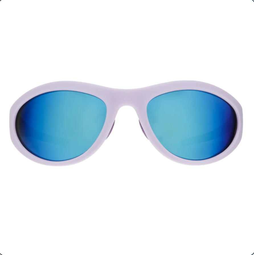 Aviator-style sunglasses with light purple frame and blue mirrored lenses, front view