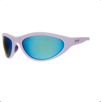 Wrap-style sport sunglasses with lavender frame and teal mirrored lenses, side angle view