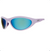 Wrap-style sport sunglasses with lavender frame and teal mirrored lenses, side angle view