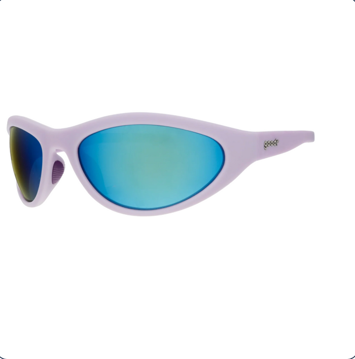 Wrap-style sport sunglasses with lavender frame and teal mirrored lenses, side angle view