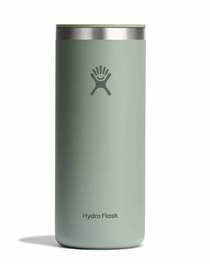 Tall insulated tumbler with stainless steel rim and brand logo on sage green body