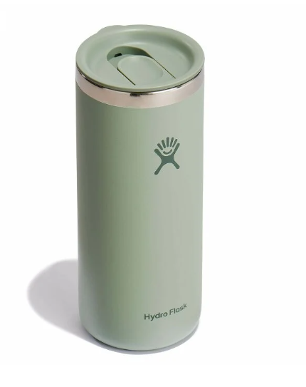 Tall insulated travel tumbler with sliding lid in sage green color