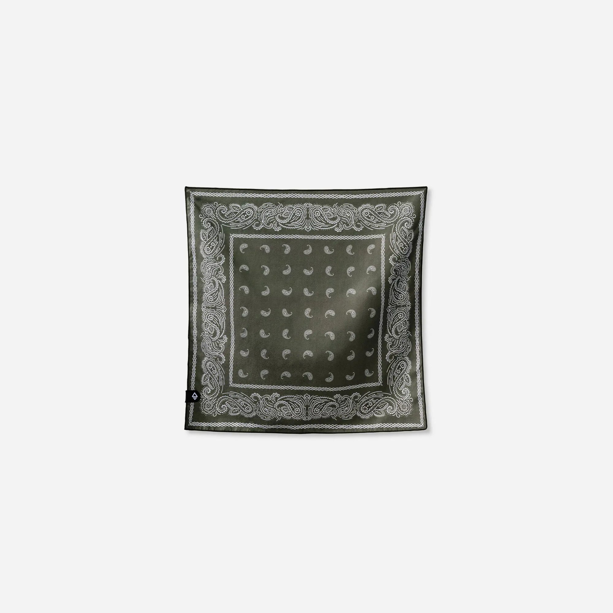 Square bandana towel with paisley border pattern and dotted center, laid flat