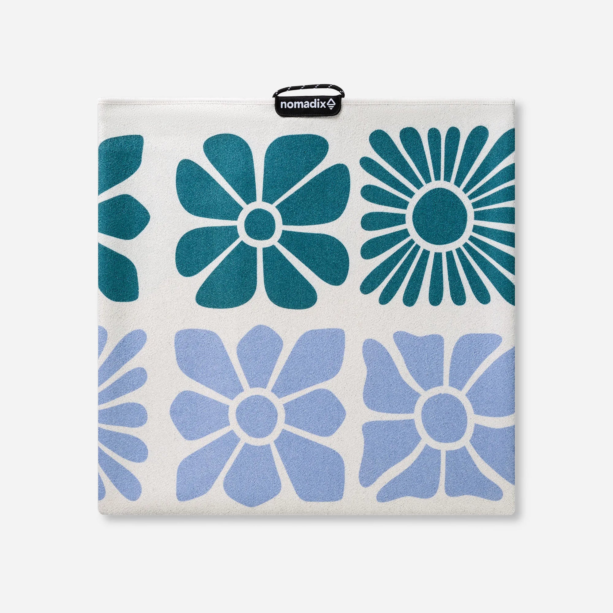Square towel with colorful floral pattern featuring teal and blue flowers on white background