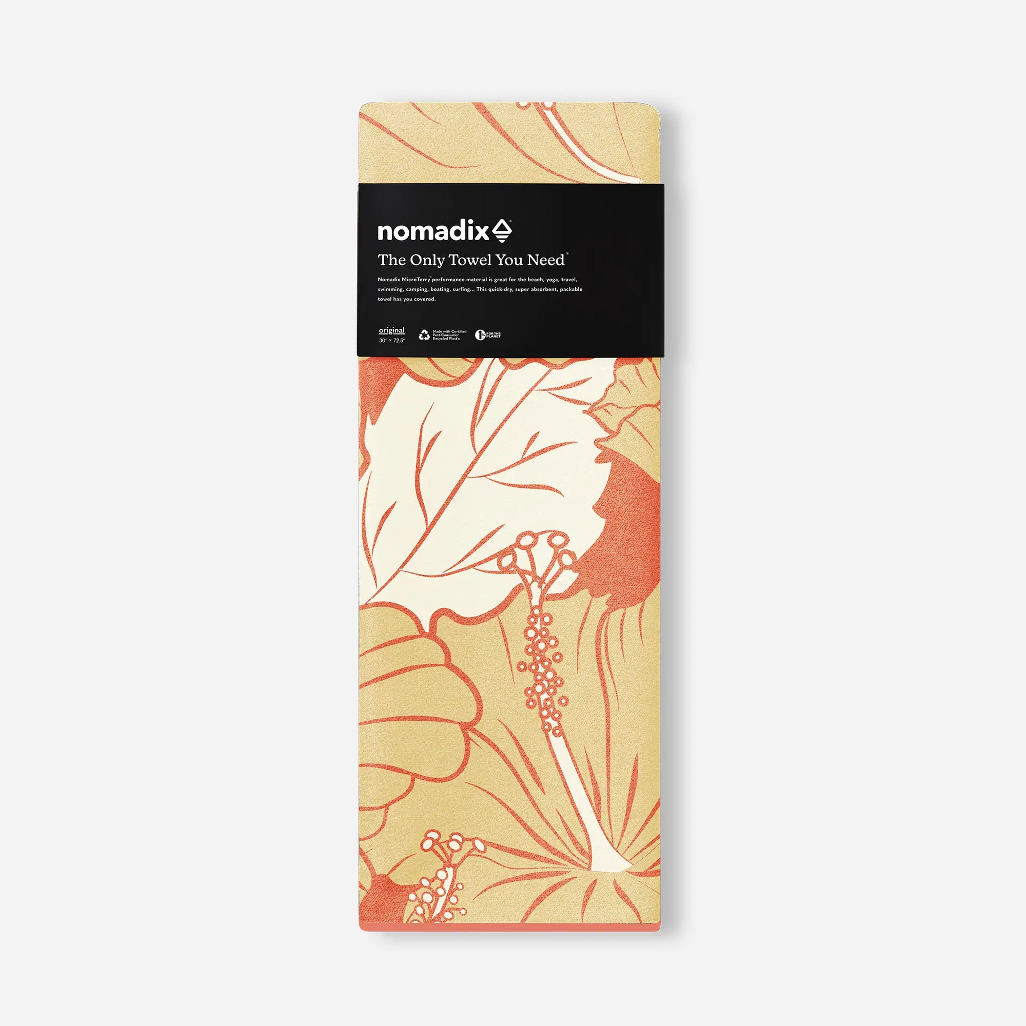 Packaged travel towel with coral hibiscus floral pattern on cream background in retail packaging