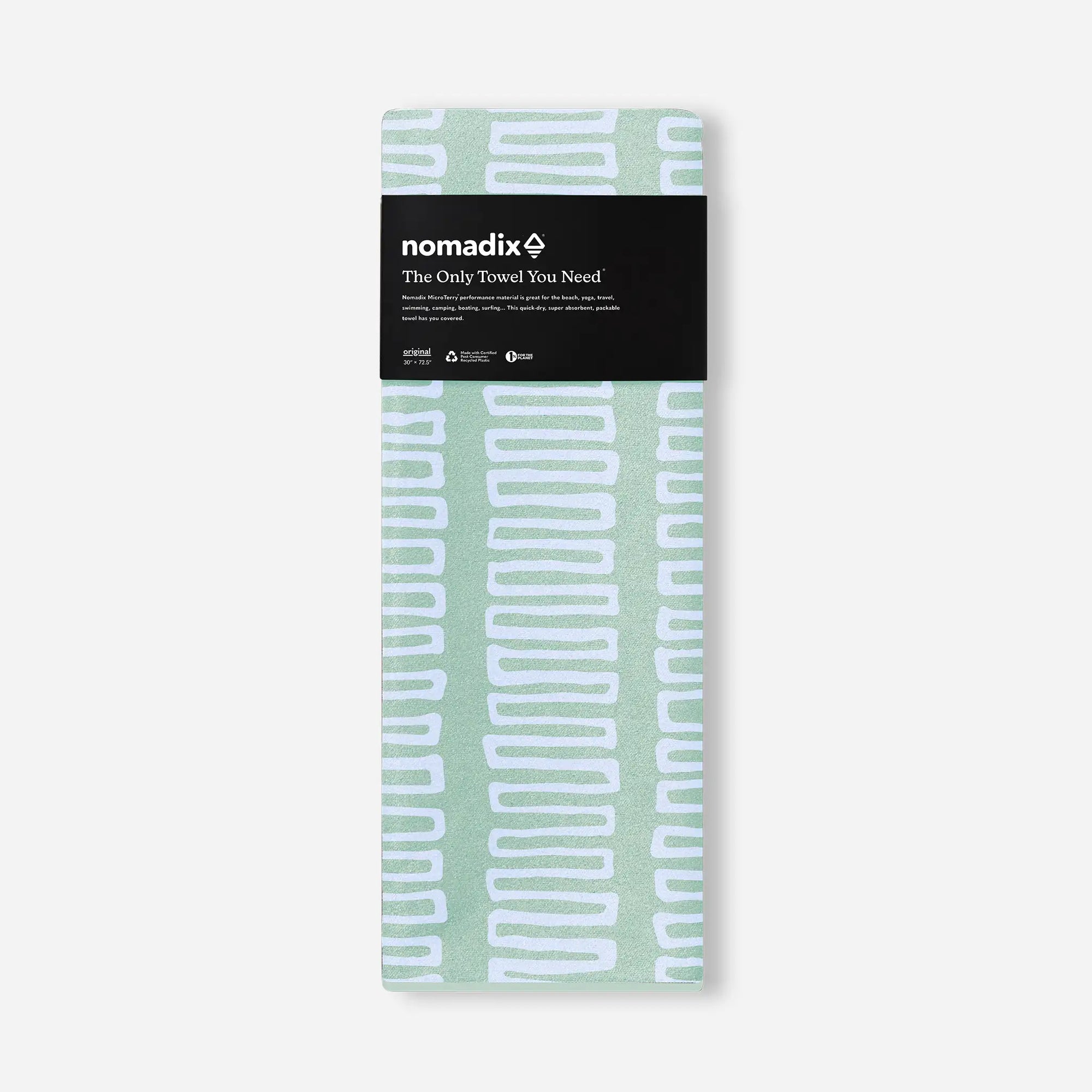 Seafoam green towel with white geometric pattern in retail packaging
