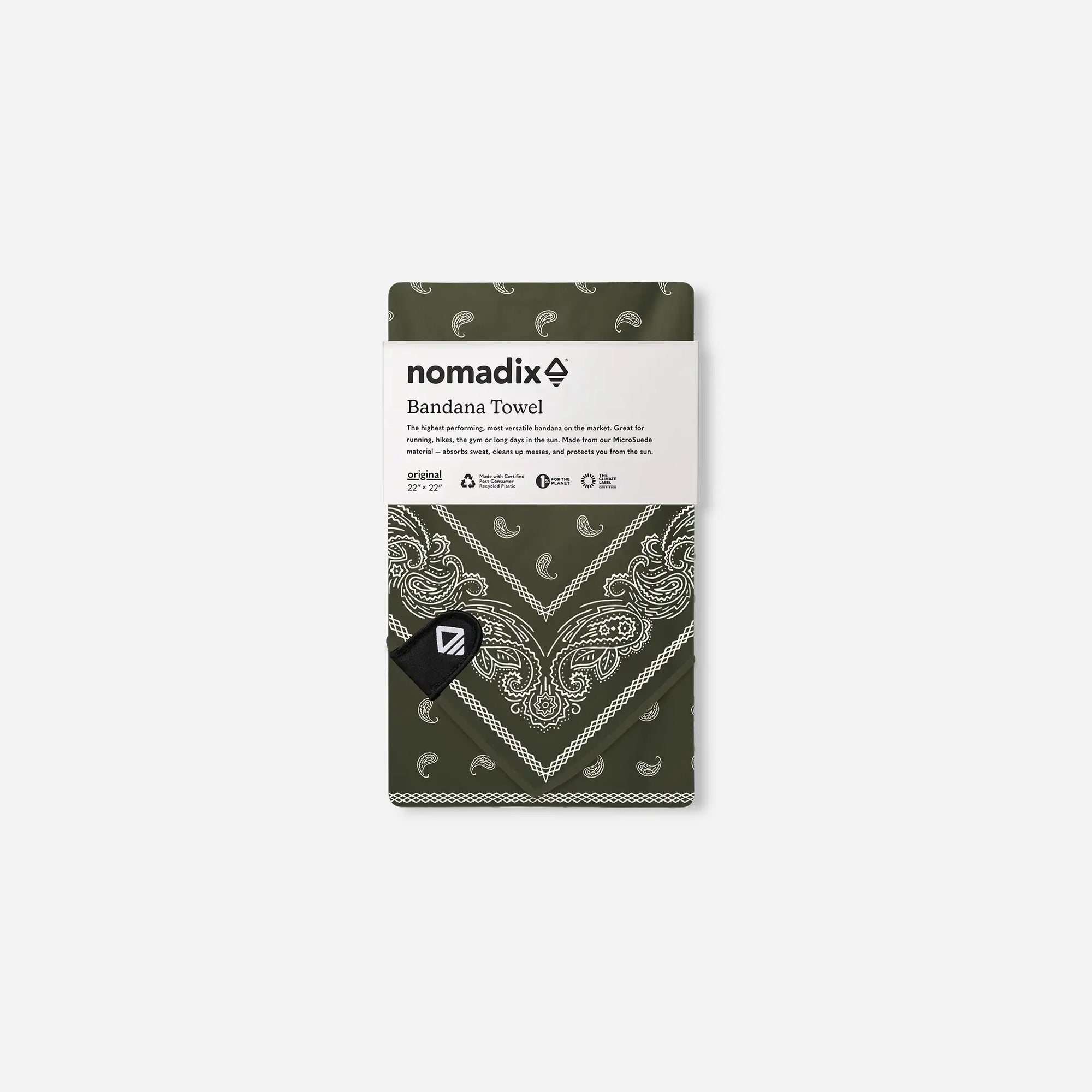 Packaged bandana towel with olive green paisley pattern in clear retail packaging