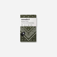 Packaged bandana towel with olive green paisley pattern in clear retail packaging