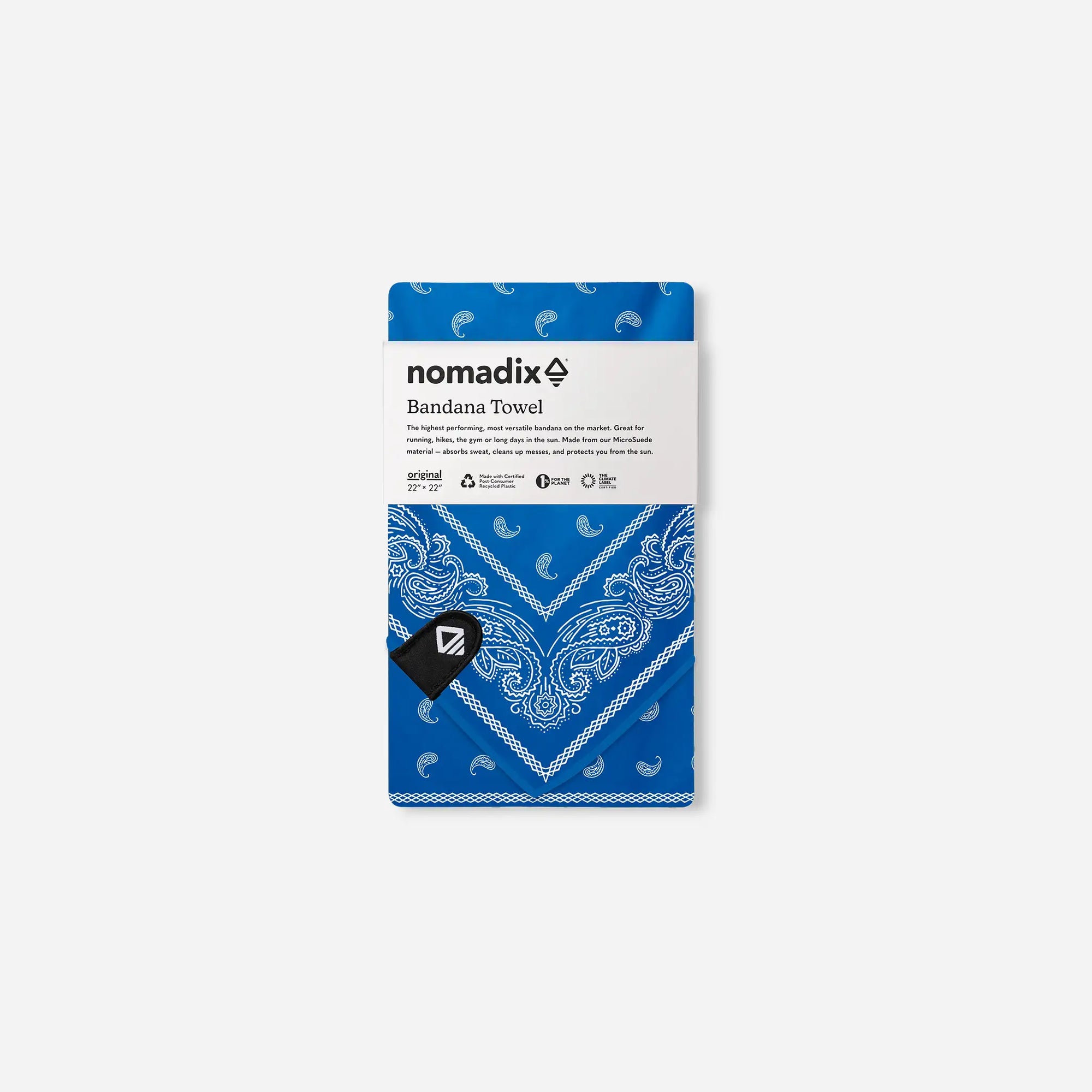 Blue bandana towel with white paisley design in retail packaging