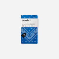 Blue bandana towel with white paisley design in retail packaging