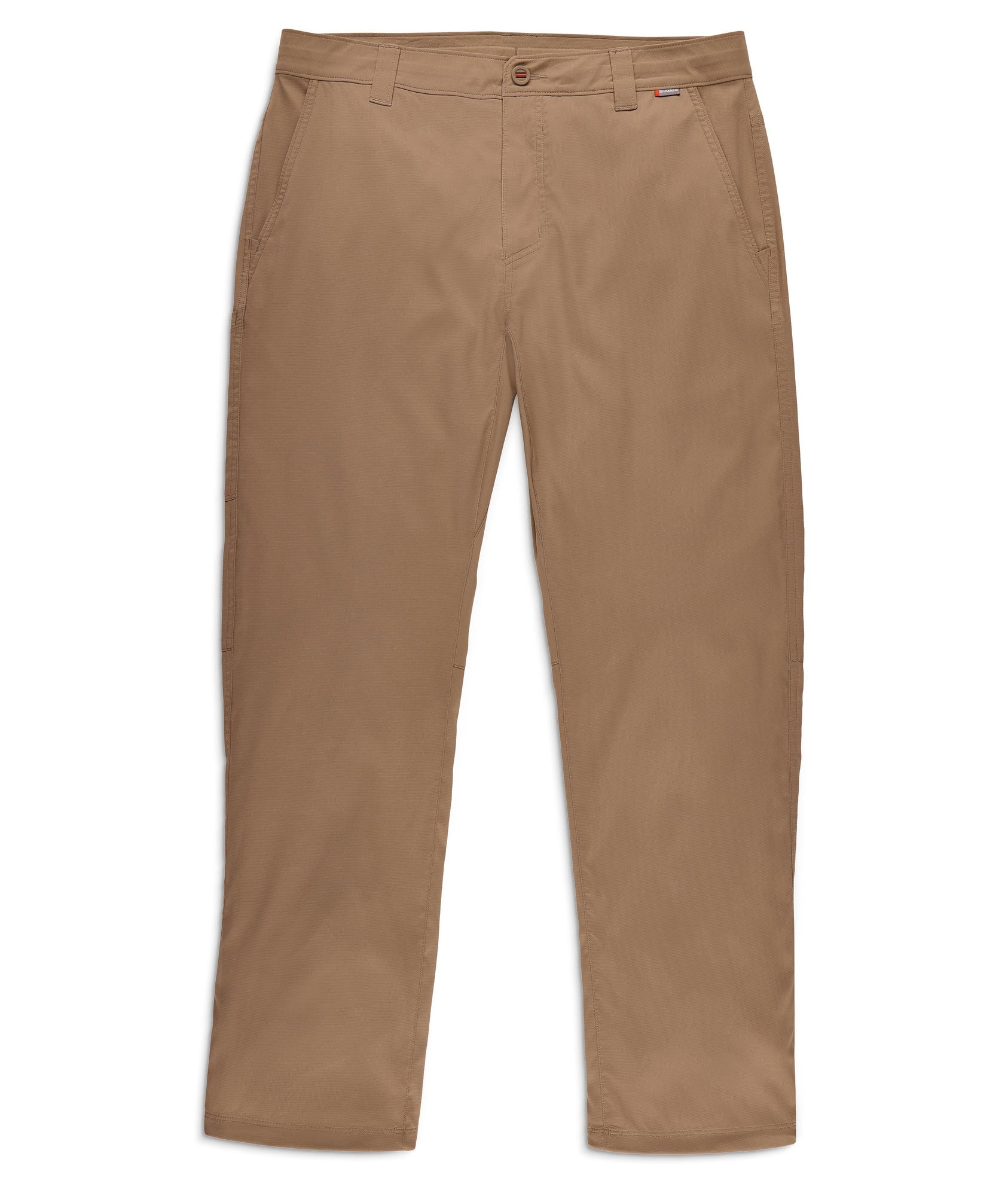 Tan khaki chino pants with button closure and side pockets, full front view