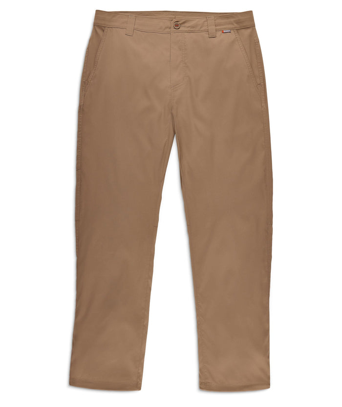 Tan khaki chino pants with button closure and side pockets, full front view