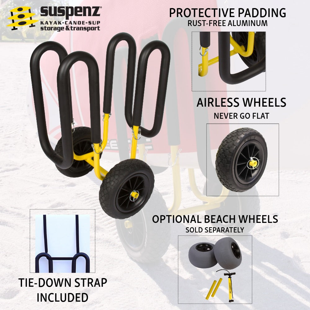 Wheeled cart for paddleboards with airless tires and protective padding, featuring detailed callouts