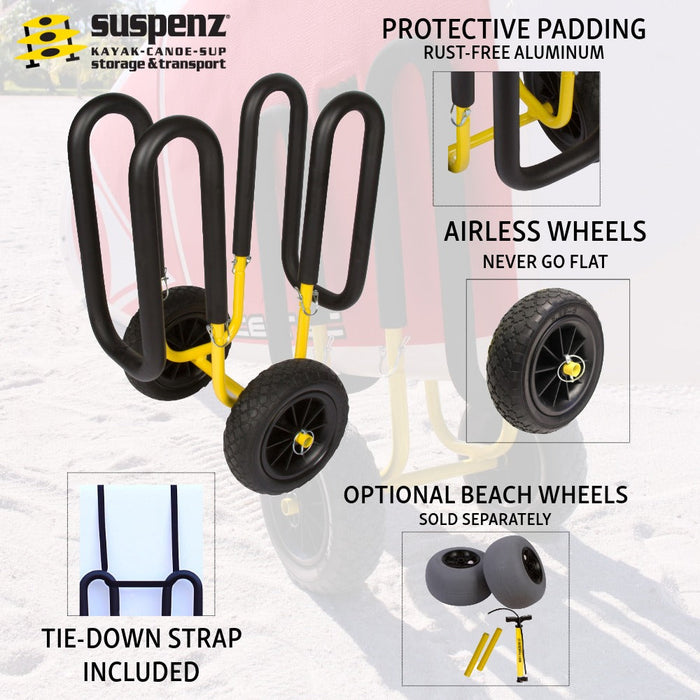 Wheeled cart for paddleboards with airless tires and protective padding, featuring detailed callouts