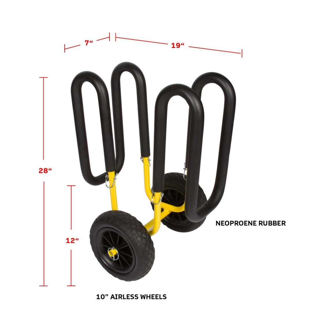 SUP cart with black foam pads and yellow frame, showing airless wheels and dimensions