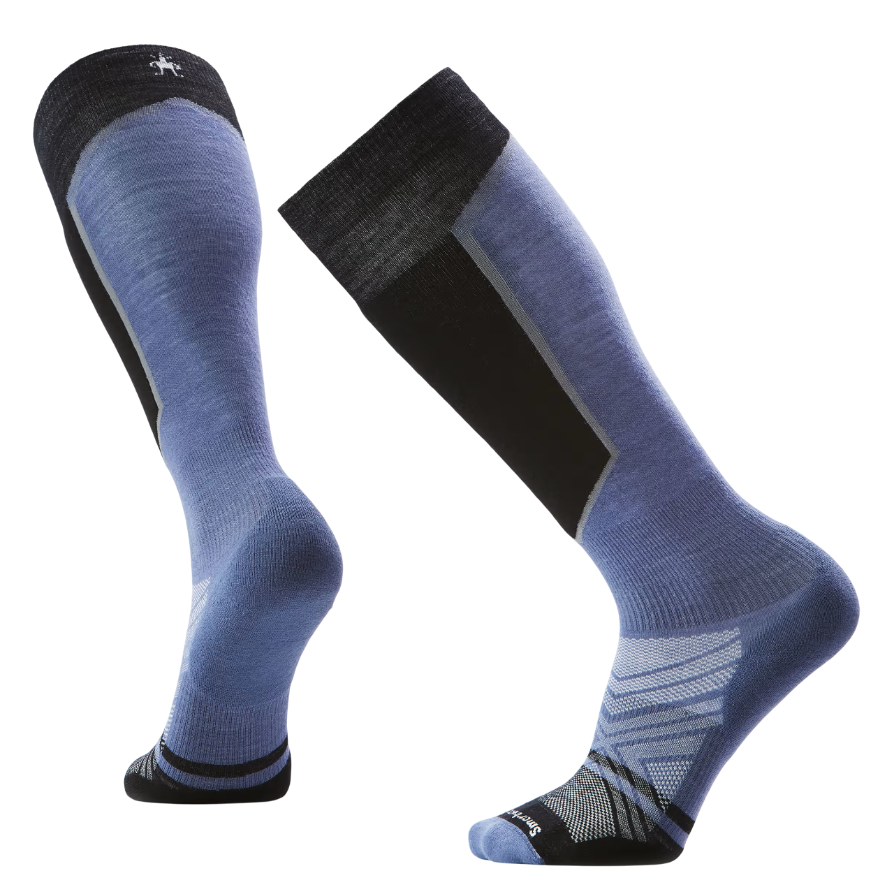 Over-the-calf ski socks in blue and black, shown from front and back angles