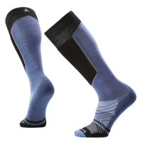Over-the-calf ski socks in blue and black, shown from front and back angles