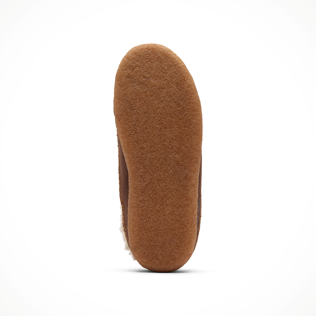 Bottom view of a men's slipper showing a tan textured felt outsole with sherpa trim edges