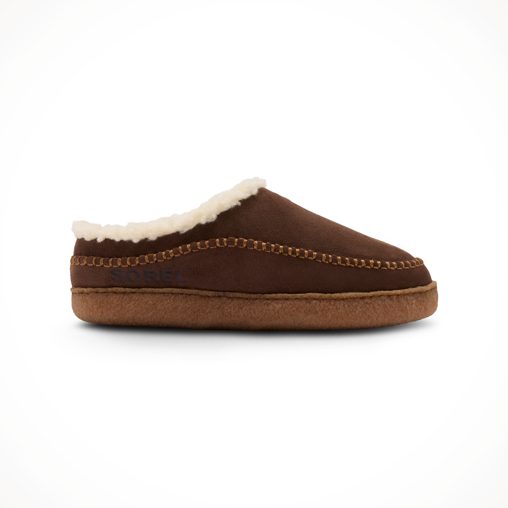 Men's slip-on moccasin slipper in dark brown suede with sherpa fleece lining and crepe sole, side view