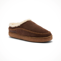 Men's suede moccasin slipper with sherpa fleece lining and stitched trim, side view